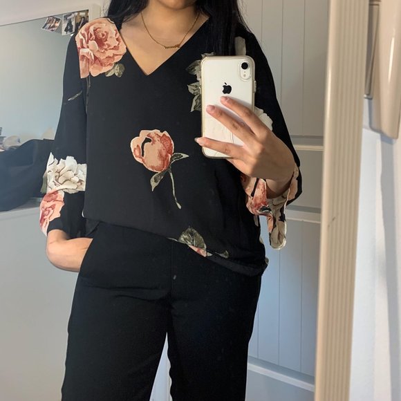Dynamite Floral Blouse with Lace-Up Back - Picture 1 of 3